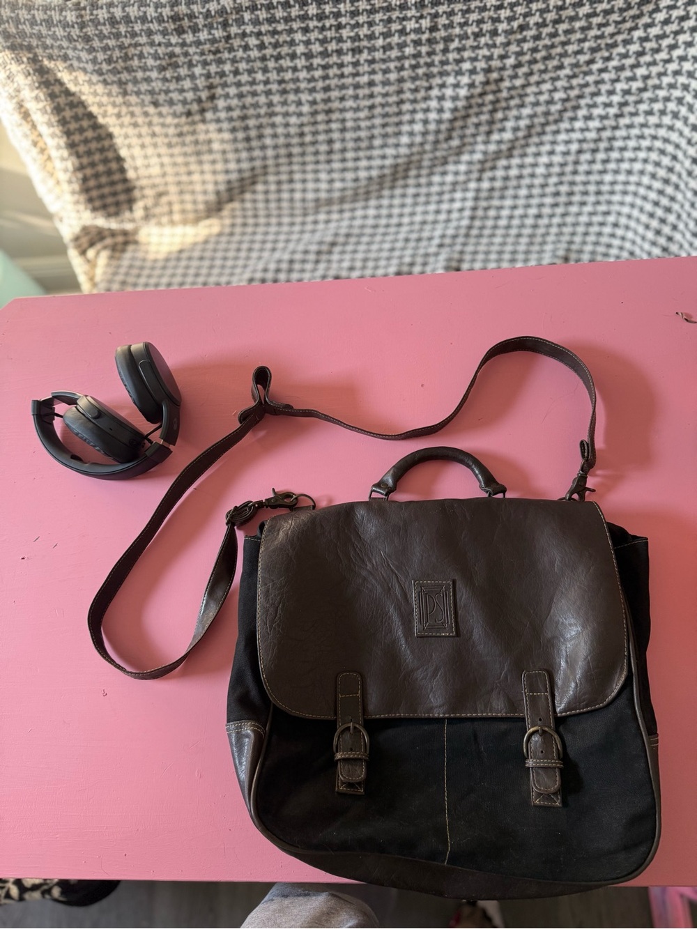 Mens Black Canvas & Leather Messenger Bag with Adjustable Strap
